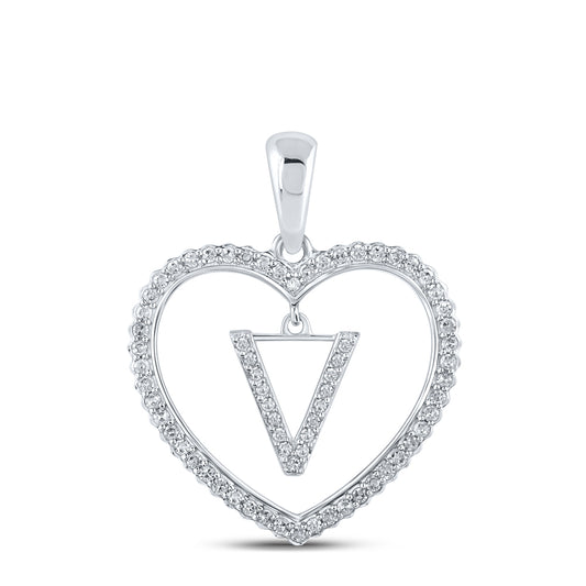 0.24 Ctw Natural Diamond Heart Dangle Initial Letter V Pendant in 10k White Gold