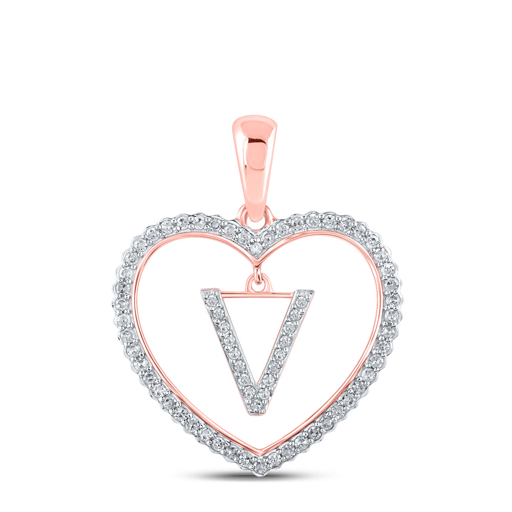 0.25 Ctw Natural Diamond Heart Dangle Initial Letter V Pendant in 10k Rose Gold