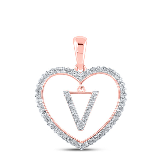 0.25 Ctw Natural Diamond Heart Dangle Initial Letter V Pendant in 10k Rose Gold