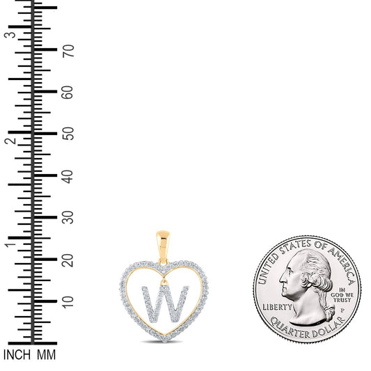 0.27 Ctw Natural Diamond Heart Dangle Initial Letter W Pendant in 10k Yellow Gold