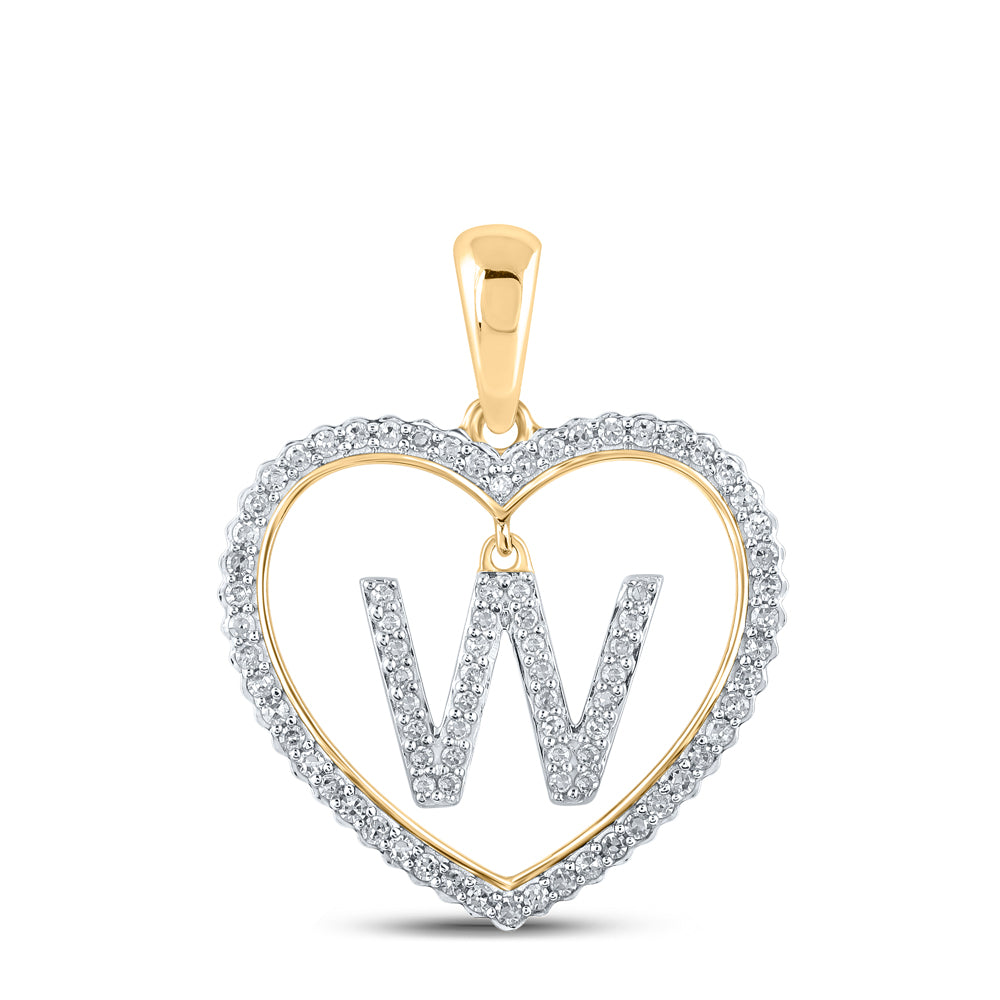 0.27 Ctw Natural Diamond Heart Dangle Initial Letter W Pendant in 10k Yellow Gold