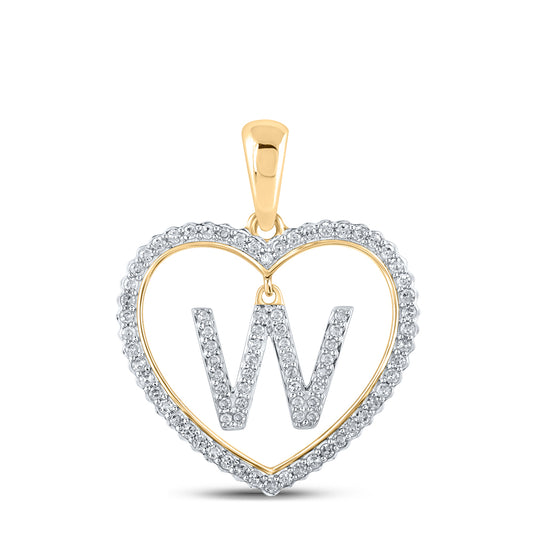 0.27 Ctw Natural Diamond Heart Dangle Initial Letter W Pendant in 10k Yellow Gold