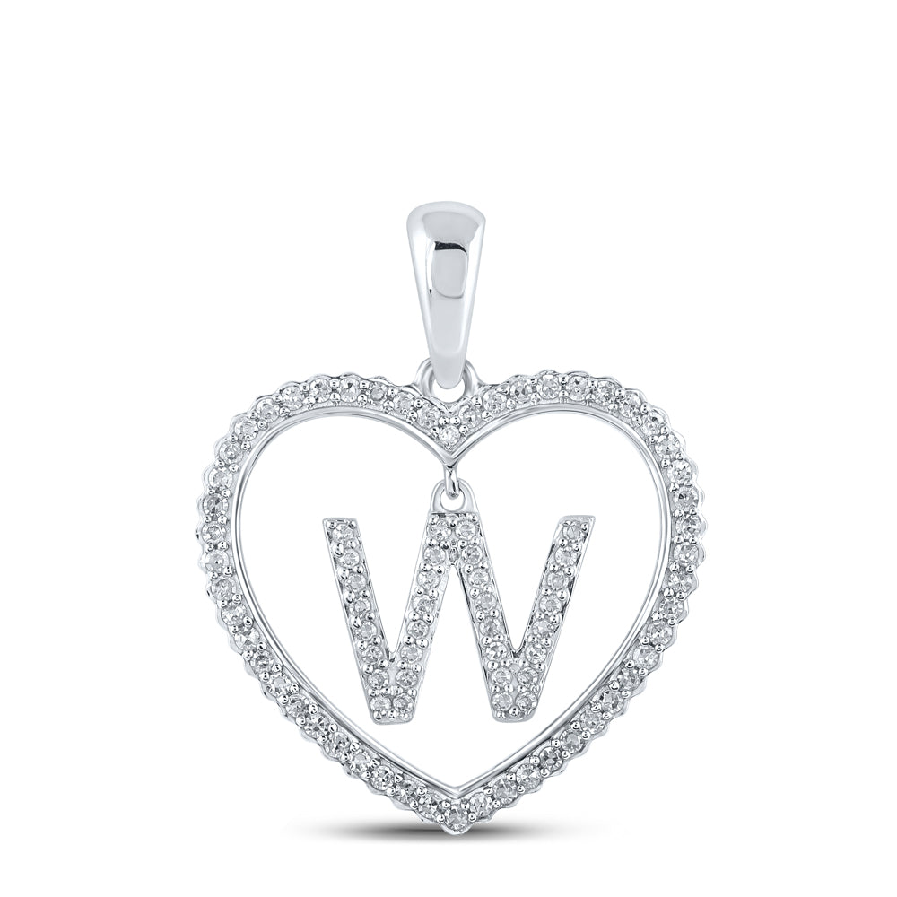 0.28 Ctw Natural Diamond Heart Dangle Initial Letter W Pendant in 10k White Gold