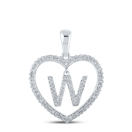 0.28 Ctw Natural Diamond Heart Dangle Initial Letter W Pendant in 10k White Gold