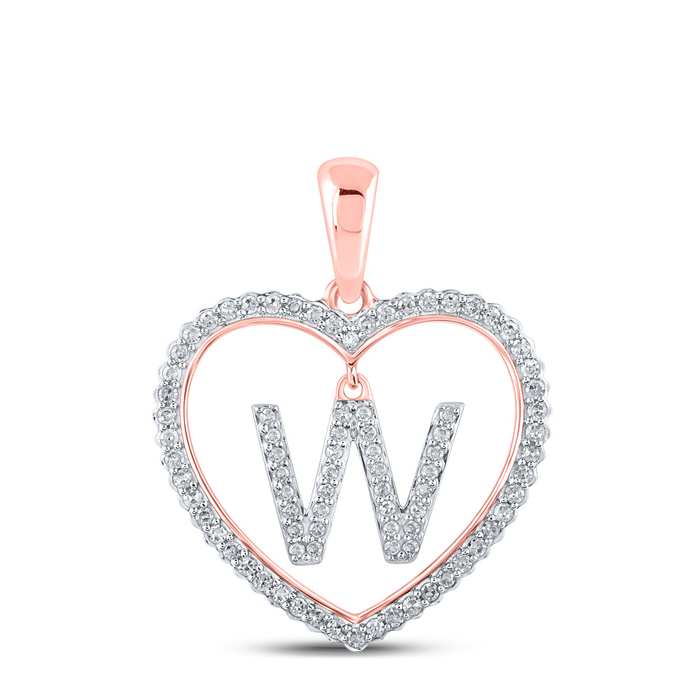 0.27 Ctw Natural Diamond Heart Dangle Initial Letter W Pendant in 10k Rose Gold