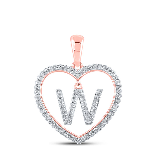 0.27 Ctw Natural Diamond Heart Dangle Initial Letter W Pendant in 10k Rose Gold