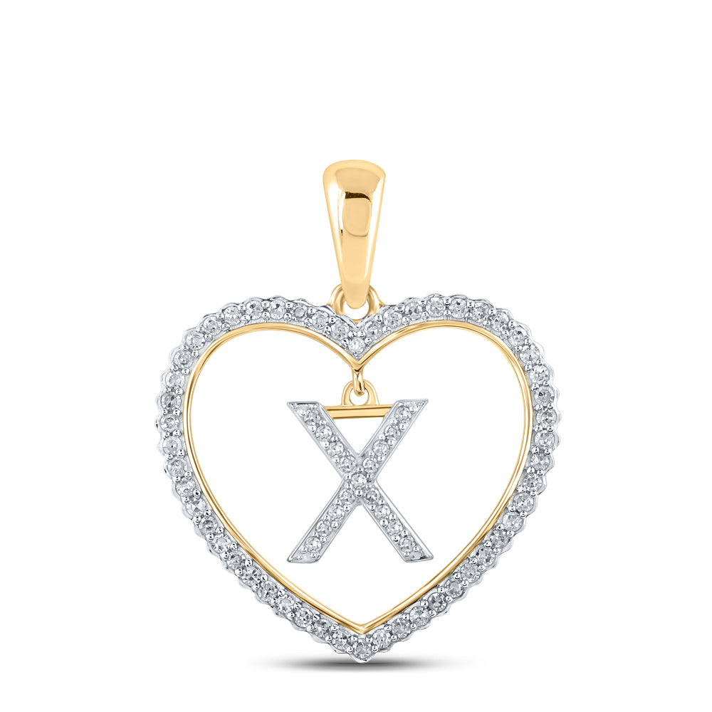 0.24 Ctw Natural Diamond Heart Dangle Initial Letter X Pendant in 10k Yellow Gold