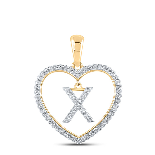 0.24 Ctw Natural Diamond Heart Dangle Initial Letter X Pendant in 10k Yellow Gold