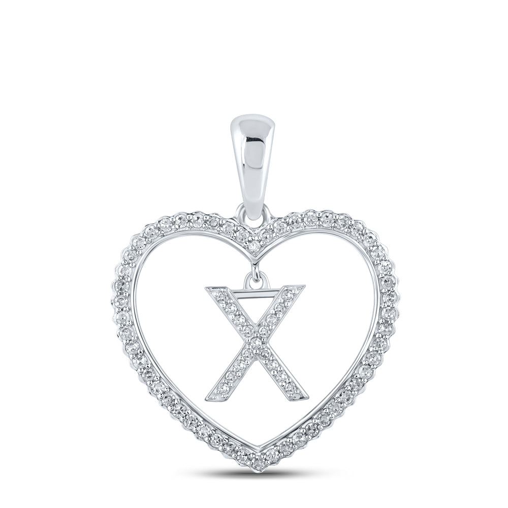 0.24 Ctw Natural Diamond Heart Dangle Initial Letter X Pendant in 10k White Gold