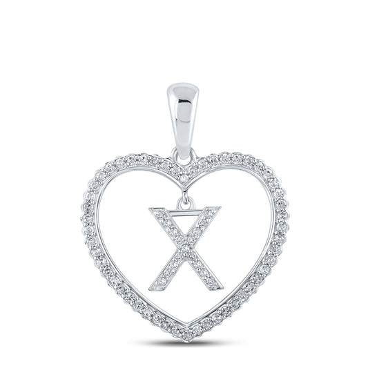 0.24 Ctw Natural Diamond Heart Dangle Initial Letter X Pendant in 10k White Gold