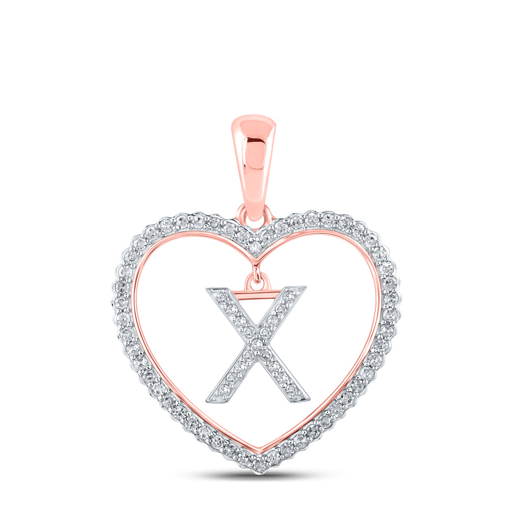 0.24 Ctw Natural Diamond Heart Dangle Initial Letter X Pendant in 10k Rose Gold