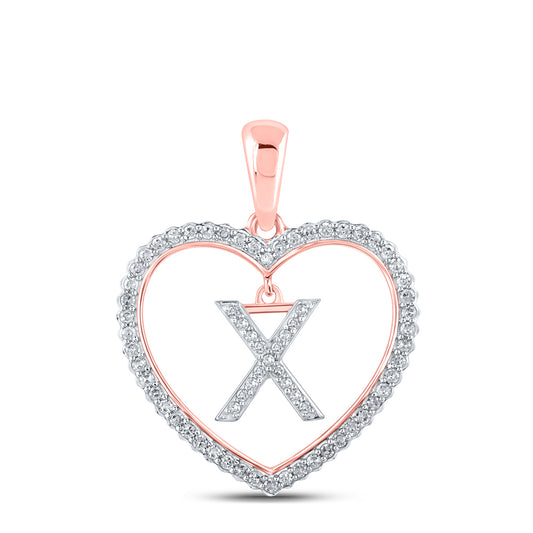 0.24 Ctw Natural Diamond Heart Dangle Initial Letter X Pendant in 10k Rose Gold
