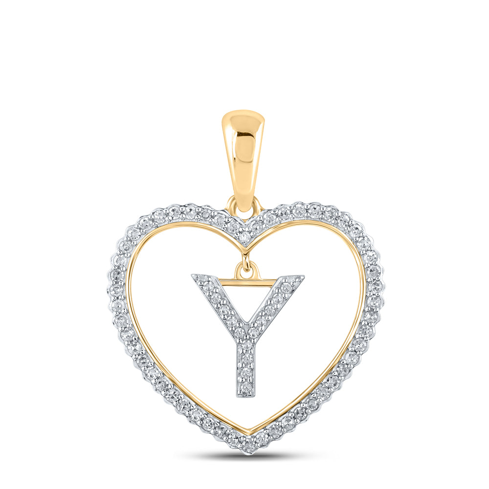 0.23 Ctw Natural Diamond Heart Dangle Initial Letter Y Pendant in 10k Yellow Gold