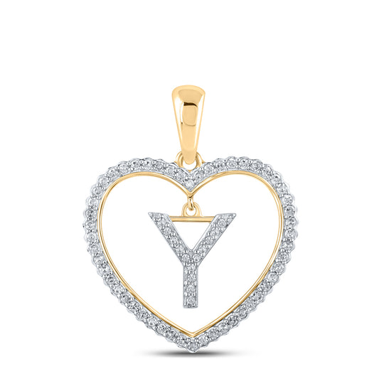 0.23 Ctw Natural Diamond Heart Dangle Initial Letter Y Pendant in 10k Yellow Gold
