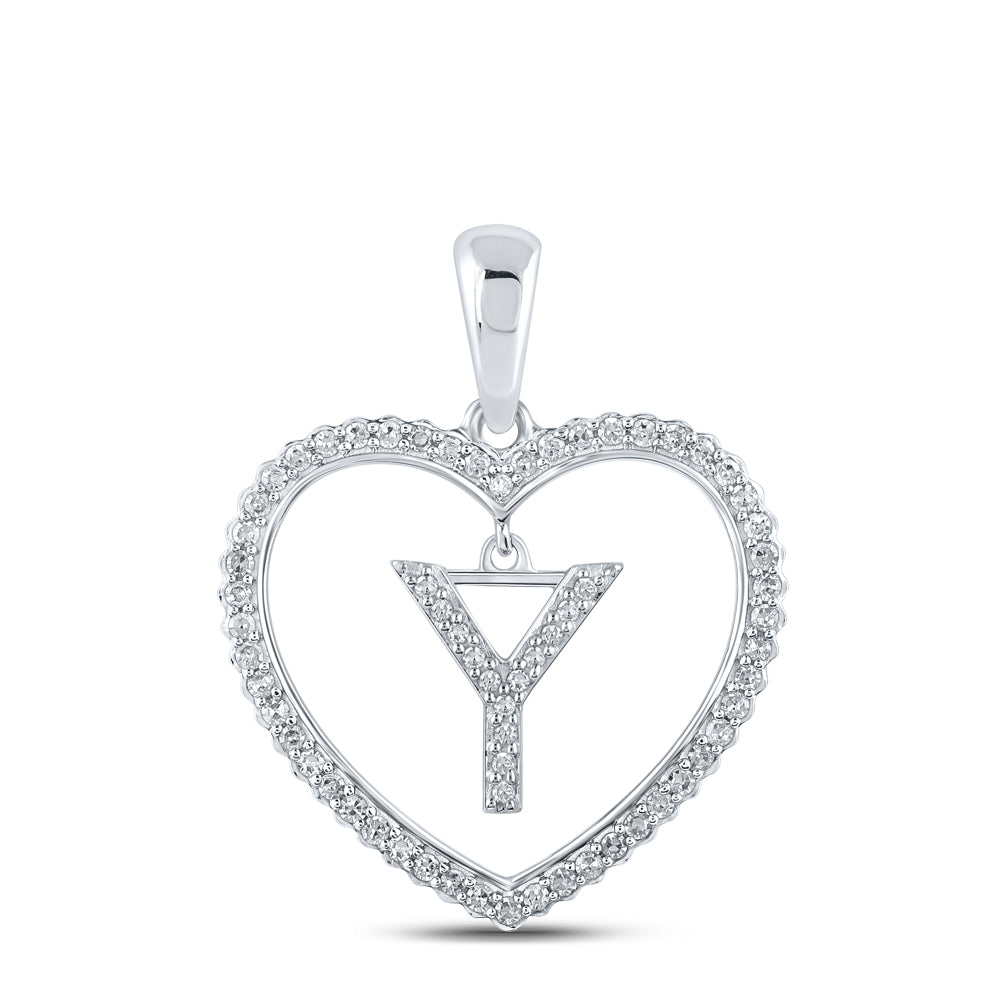 0.24 Ctw Natural Diamond Heart Dangle Initial Letter Y Pendant in 10k White Gold