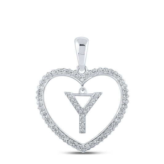 0.24 Ctw Natural Diamond Heart Dangle Initial Letter Y Pendant in 10k White Gold