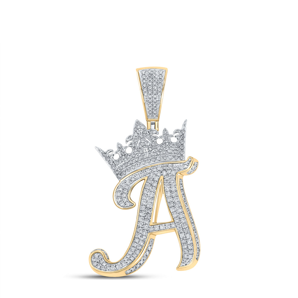 1.57 Ctw Natural Diamond Crown Initial Letter Alphabet A Pendant in 10k Two-tone Gold