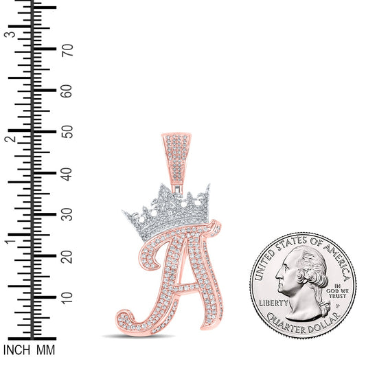 1.57 Ctw Natural Diamond Crown Initial Letter Alphabet A Pendant in 10k Two-tone Gold