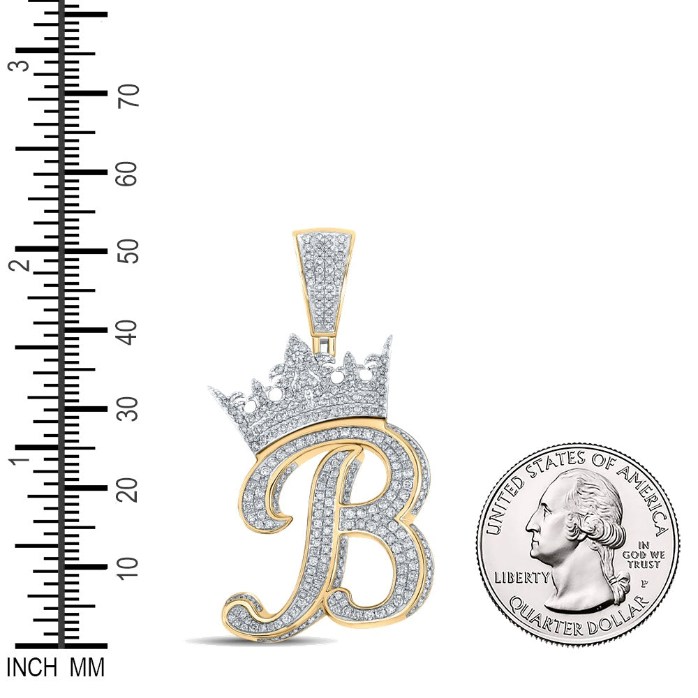 1.56 Ctw Natural Diamond Crown Initial Letter Alphabet B Pendant in 10k Two-tone Gold