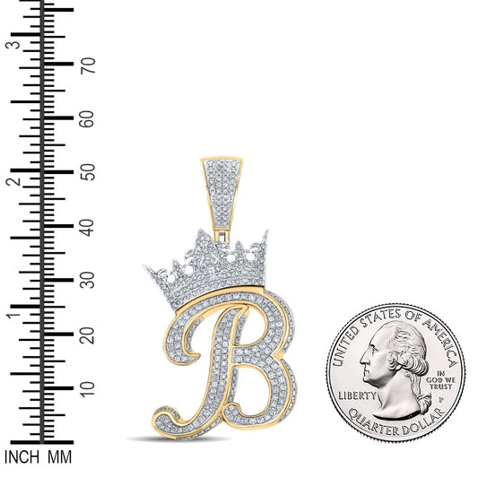 1.56 Ctw Natural Diamond Crown Initial Letter Alphabet B Pendant in 10k Two-tone Gold