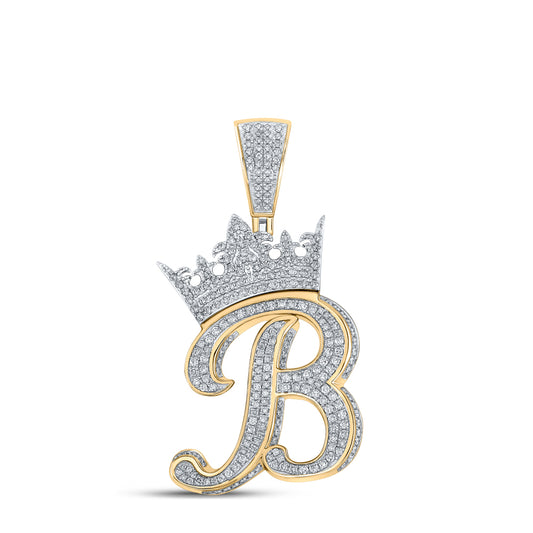 1.56 Ctw Natural Diamond Crown Initial Letter Alphabet B Pendant in 10k Two-tone Gold