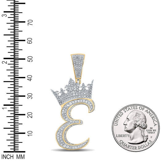 1.18 Ctw Natural Diamond Crown Initial Letter Alphabet E Pendant in 10k Two-tone Gold