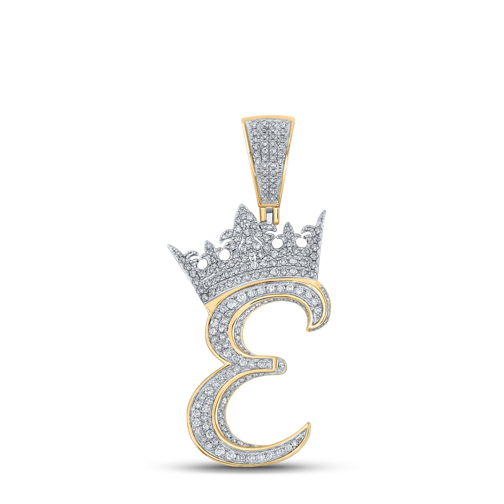 1.18 Ctw Natural Diamond Crown Initial Letter Alphabet E Pendant in 10k Two-tone Gold