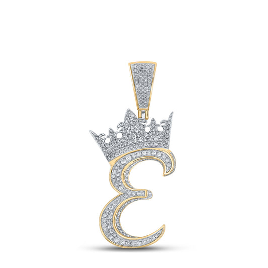 1.18 Ctw Natural Diamond Crown Initial Letter Alphabet E Pendant in 10k Two-tone Gold