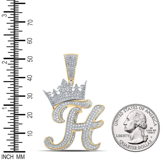 1.91 Ctw Natural Diamond Crown Initial Letter Alphabet H Pendant in 10k Two-tone Gold