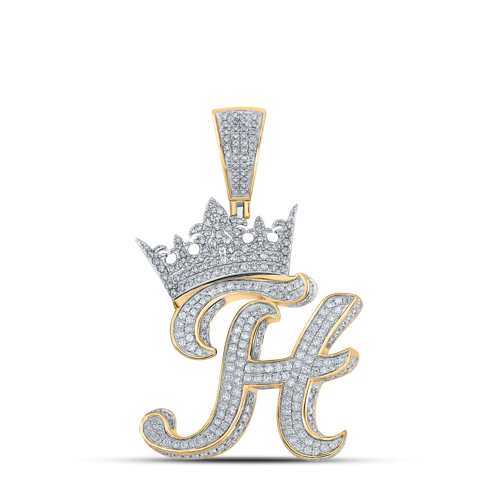 1.91 Ctw Natural Diamond Crown Initial Letter Alphabet H Pendant in 10k Two-tone Gold