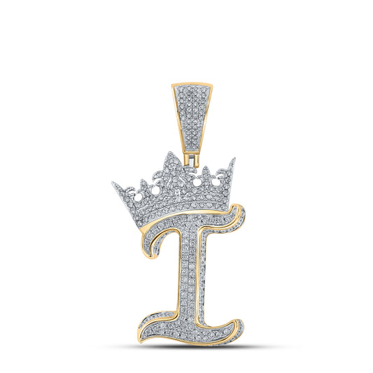 1.35 Ctw Natural Diamond Crown Initial Letter Alphabet I Pendant in 10k Two-tone Gold