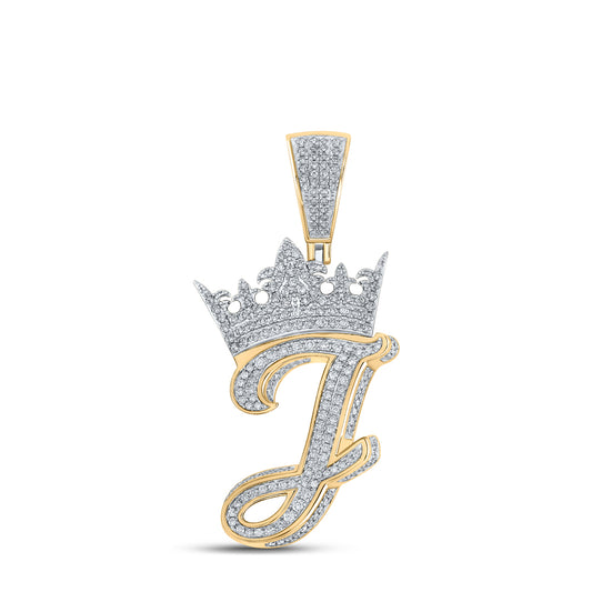 1.26 Ctw Natural Diamond Crown Initial Letter Alphabet J Pendant in 10k Two-tone Gold