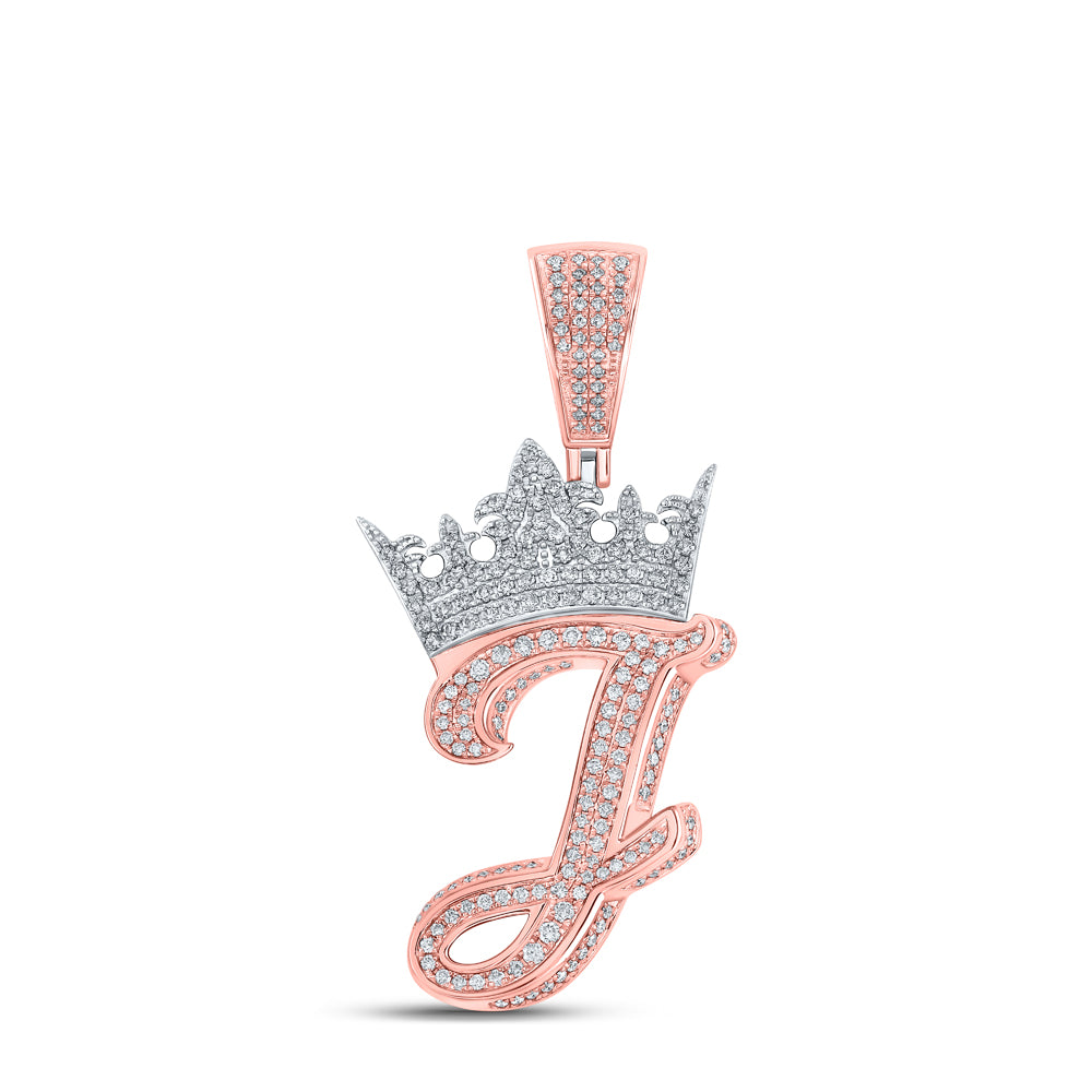 1.27 Ctw Natural Diamond Crown Initial Letter Alphabet J Pendant in 10k Two-tone Gold
