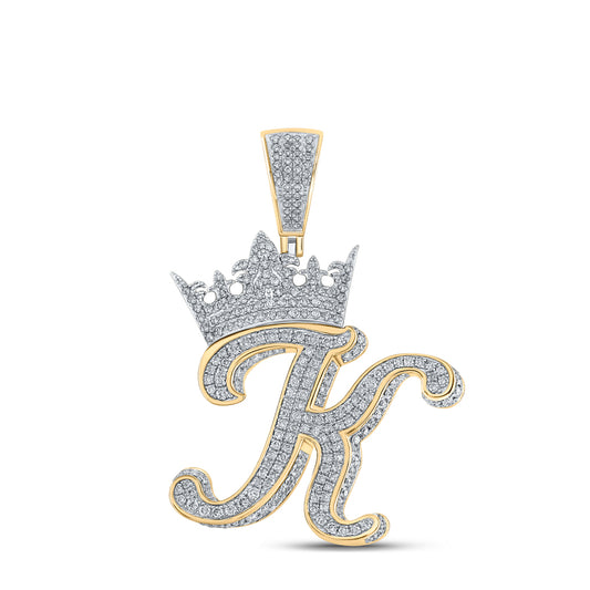 1.94 Ctw Natural Diamond Crown Initial Letter Alphabet K Pendant in 10k Two-tone Gold