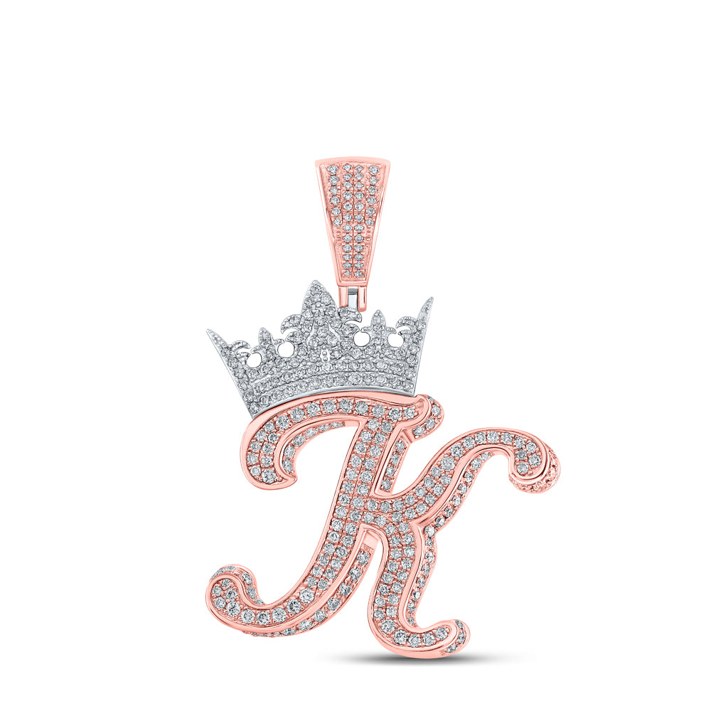 1.85 Ctw Natural Diamond Crown Initial Letter Alphabet K Pendant in 10k Two-tone Gold