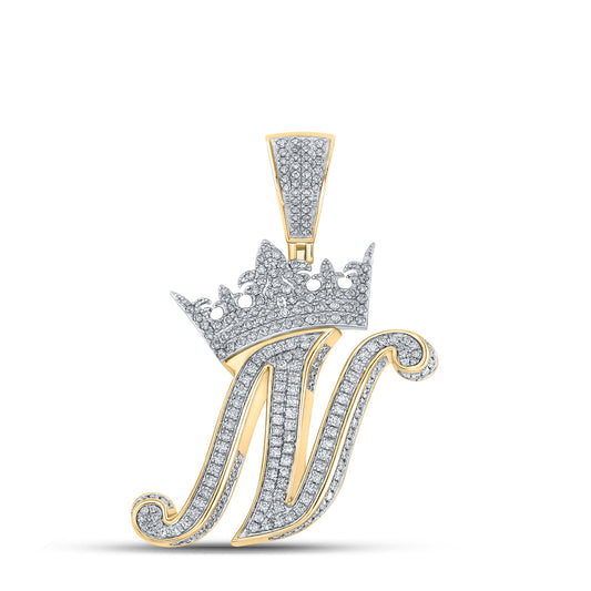 1.43 Ctw Natural Diamond Crown Initial Letter Alphabet N Pendant in 10k Two-tone Gold