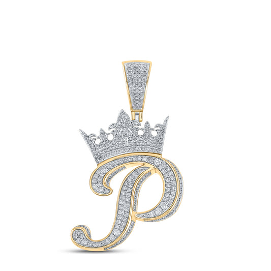 1.5 Ctw Natural Diamond Crown Initial Letter Alphabet P Pendant in 10k Two-tone Gold