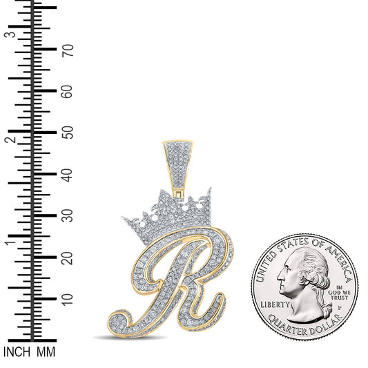 1.89 Ctw Natural Diamond Crown Initial Letter Alphabet R Pendant in 10k Two-tone Gold