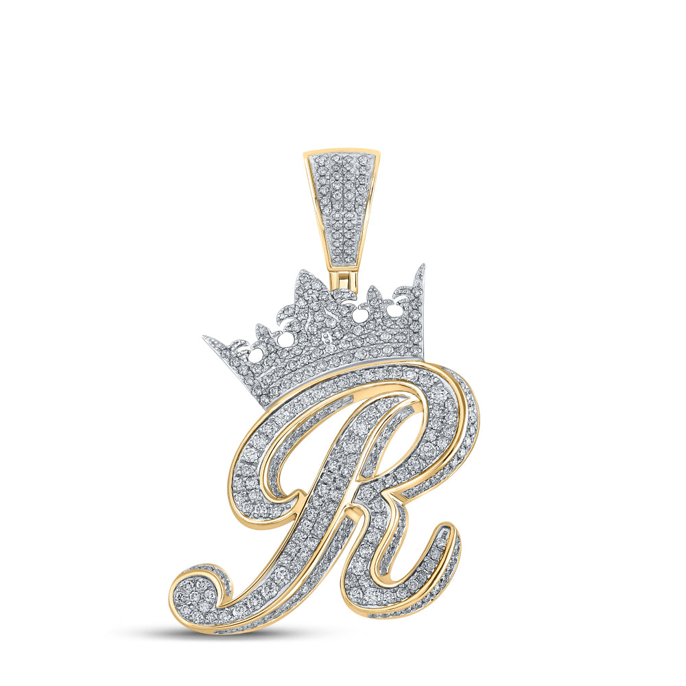 1.89 Ctw Natural Diamond Crown Initial Letter Alphabet R Pendant in 10k Two-tone Gold