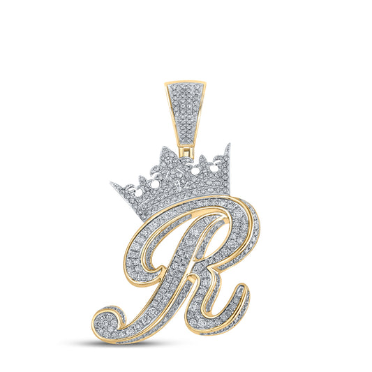 1.89 Ctw Natural Diamond Crown Initial Letter Alphabet R Pendant in 10k Two-tone Gold