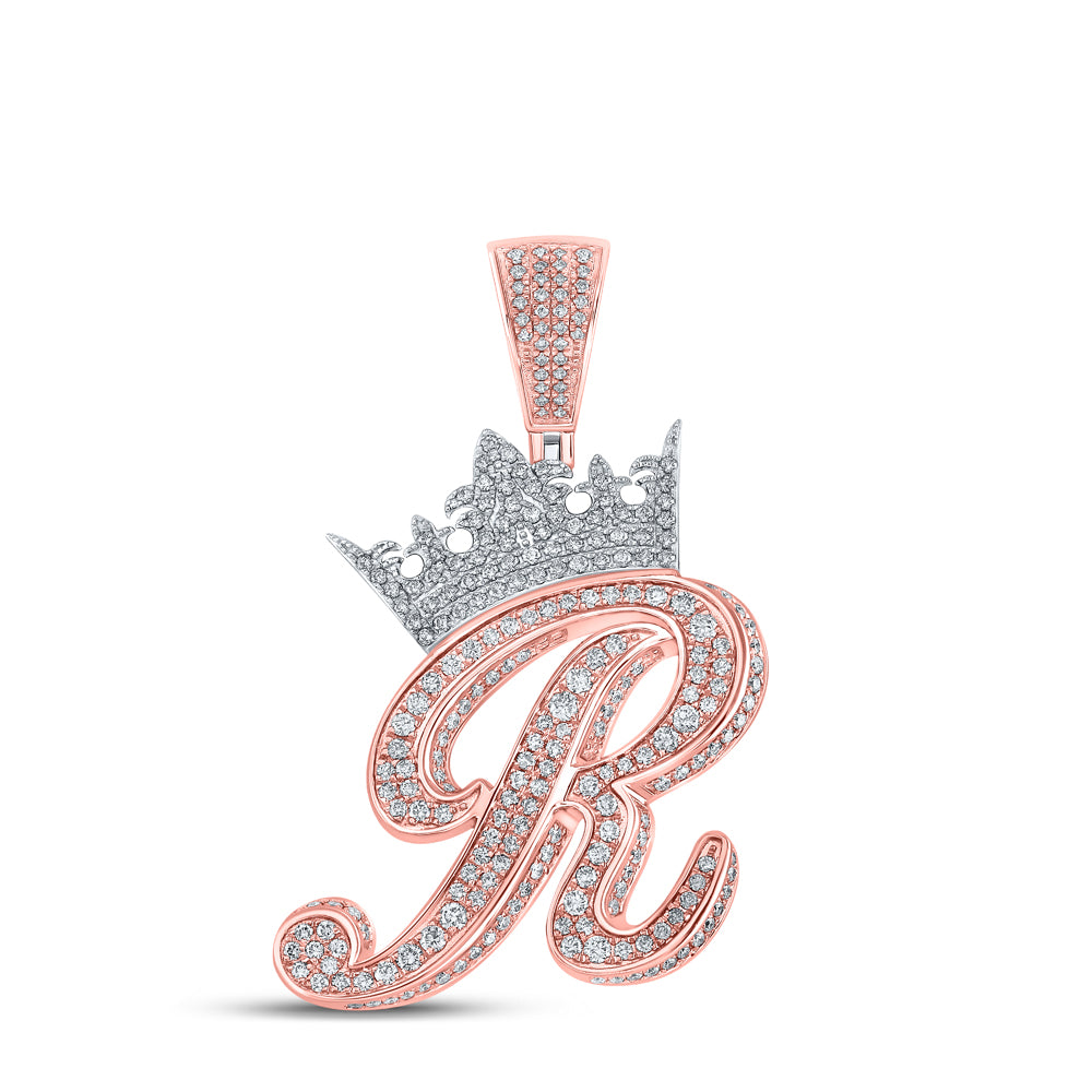 1.89 Ctw Natural Diamond Crown Initial Letter Alphabet R Pendant in 10k Two-tone Gold