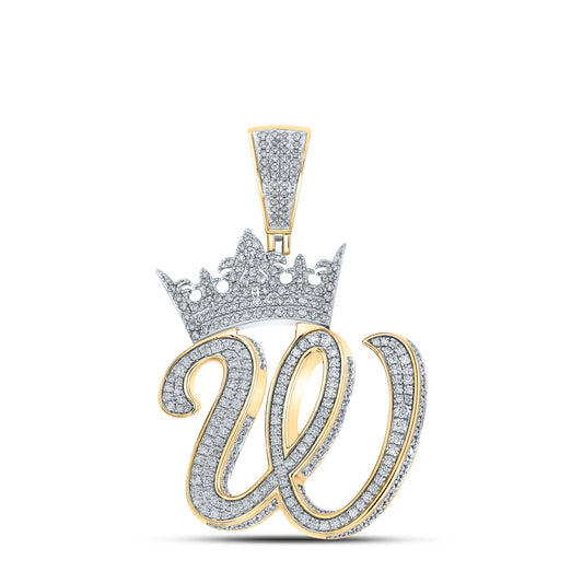 1.81 Ctw Natural Diamond Crown Initial Letter Alphabet W Pendant in 10k Two-tone Gold