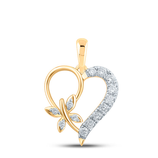 0.25 Ctw Natural Diamond Open Heart Dragonfly Pendant in 10k Yellow Gold