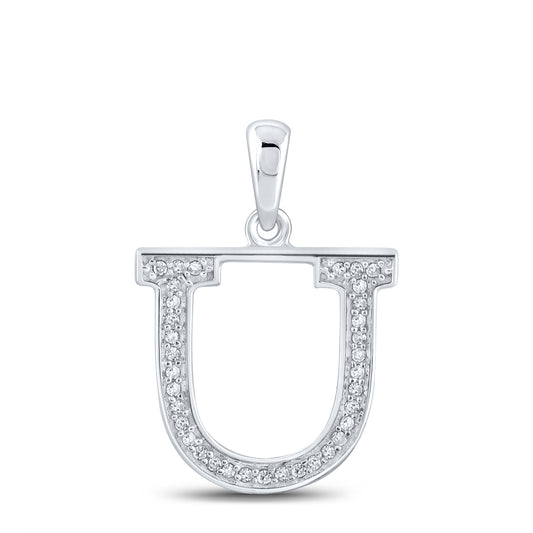 0.07 Ctw Natural Diamond Block Initial Letter U Pendant in 10k White Gold