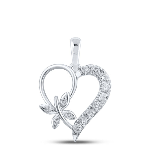 0.25 Ctw Natural Diamond Open Heart Dragonfly Pendant in 10k White Gold