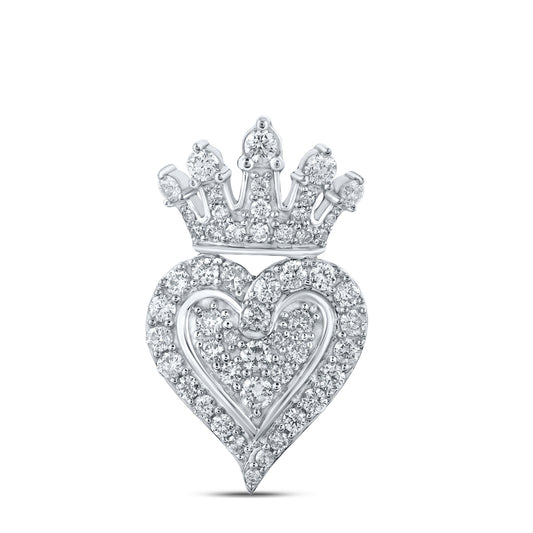 0.7 Ctw Natural Diamond Cluster Crown Heart Pendant in 10k White Gold