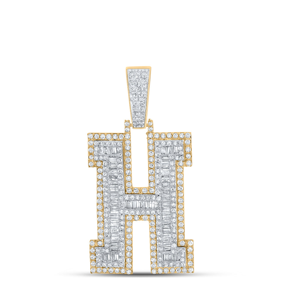 2 Ctw Natural Diamond Block Letter Initial Alphabet H Pendant in 10k Two-tone Gold