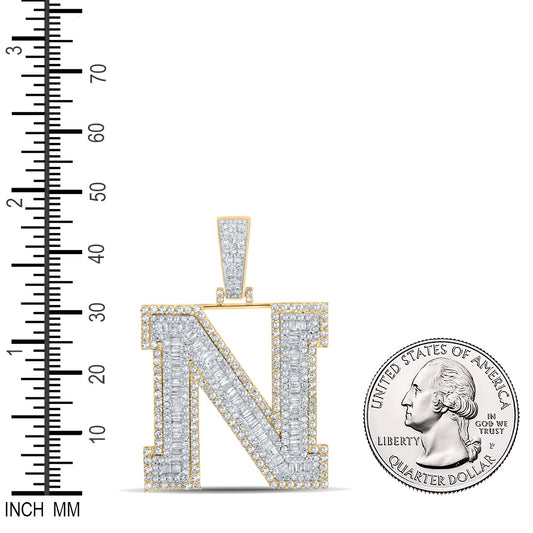 2.58 Ctw Natural Diamond Block Letter Initial Alphabet N Pendant in 10k Two-tone Gold