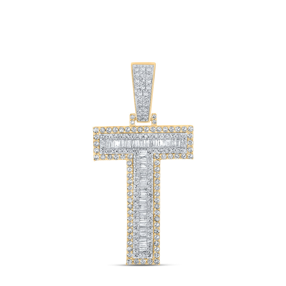 1.38 Ctw Natural Diamond Block Letter Initial Alphabet T Pendant in 10k Two-tone Gold