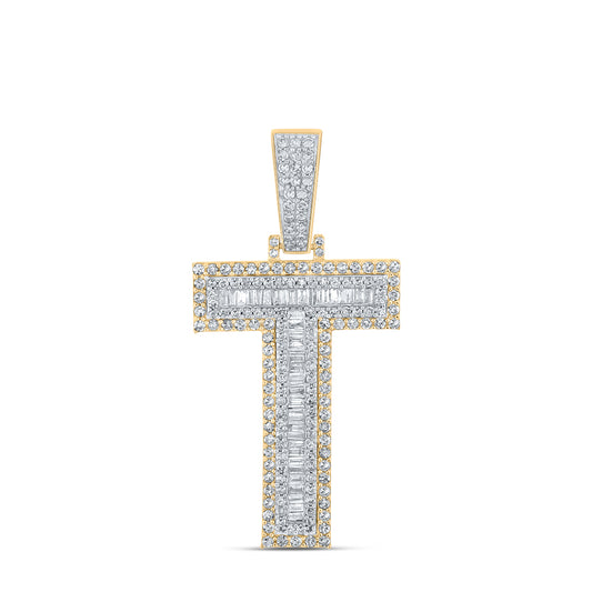 1.38 Ctw Natural Diamond Block Letter Initial Alphabet T Pendant in 10k Two-tone Gold